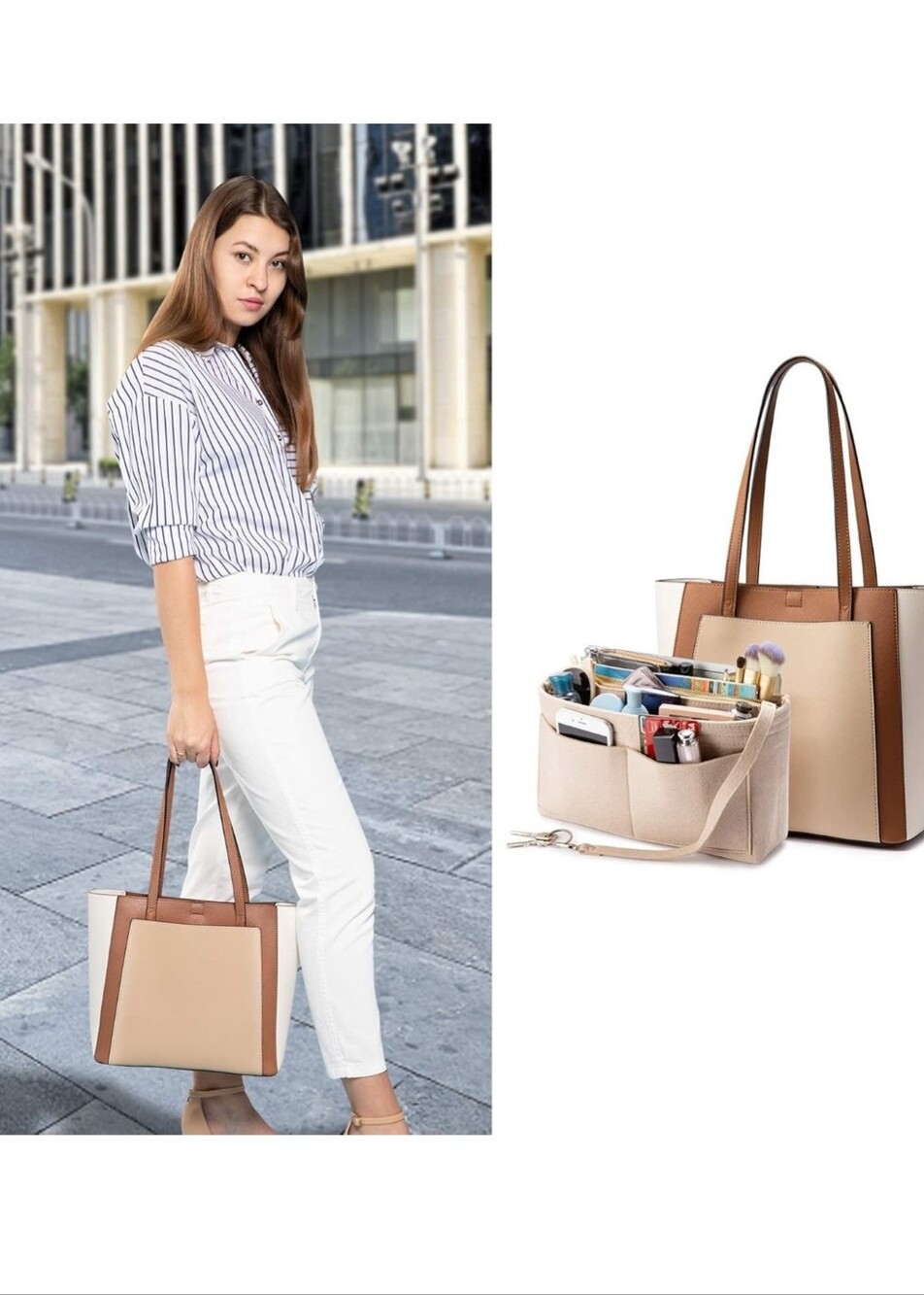 #338. Lovevook Classic Beige & Brown Tote Bag with Removable Organizer
